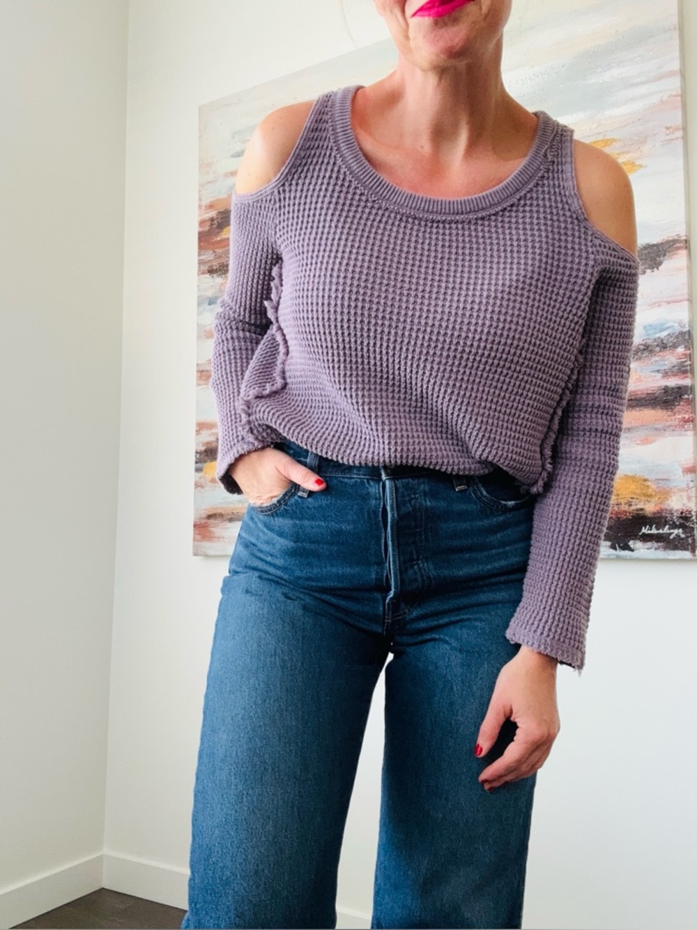 FREE PEOPLE Lavender Sunrise Cold Shoulder Waffle Knit Distressed Sweater